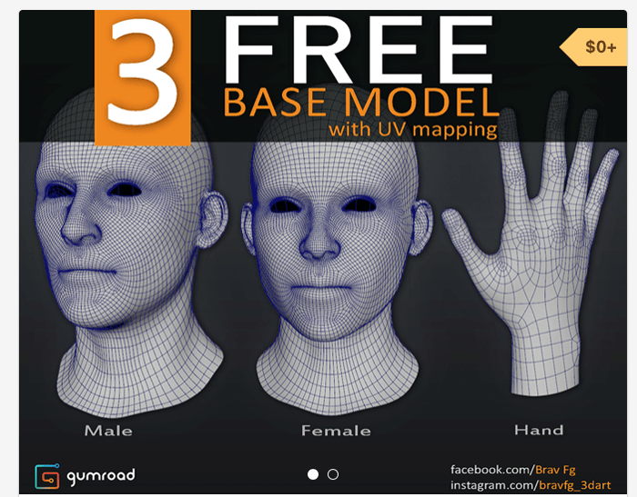 ハイポリの男女の顔と手の3dモデルを無料でダウンロード出来ます