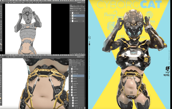 EVAN LEEさんがフォトショップ描くサイボーグキャットのメイキングが 