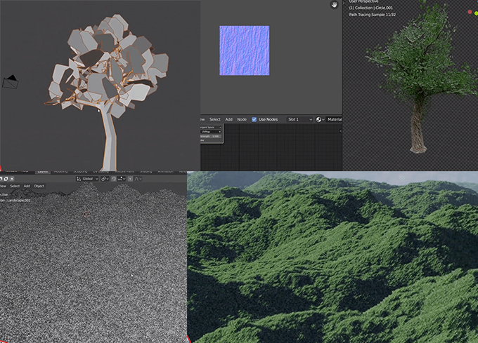 ローポリで作った木を00万個配置してブレンダーで山を作っているチュートリアル動画 3dcg最新情報サイト Modeling Happy