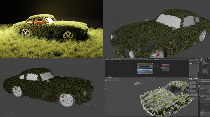 Blender2 8でhairのパーティクルを使って地面や車に大量の成長する草のアニメーションを配置するチュートリアル動画 無料素材あり 3dcg最新情報サイト Modeling Happy