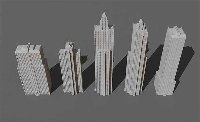 Art Deco 3D Buildings 5種類のFBXビルモデルを無料ダウンロード出来 